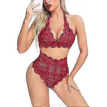 Damen Spitze Dessous Set BH Taille Höschen Unterwäsche M Wein Rot