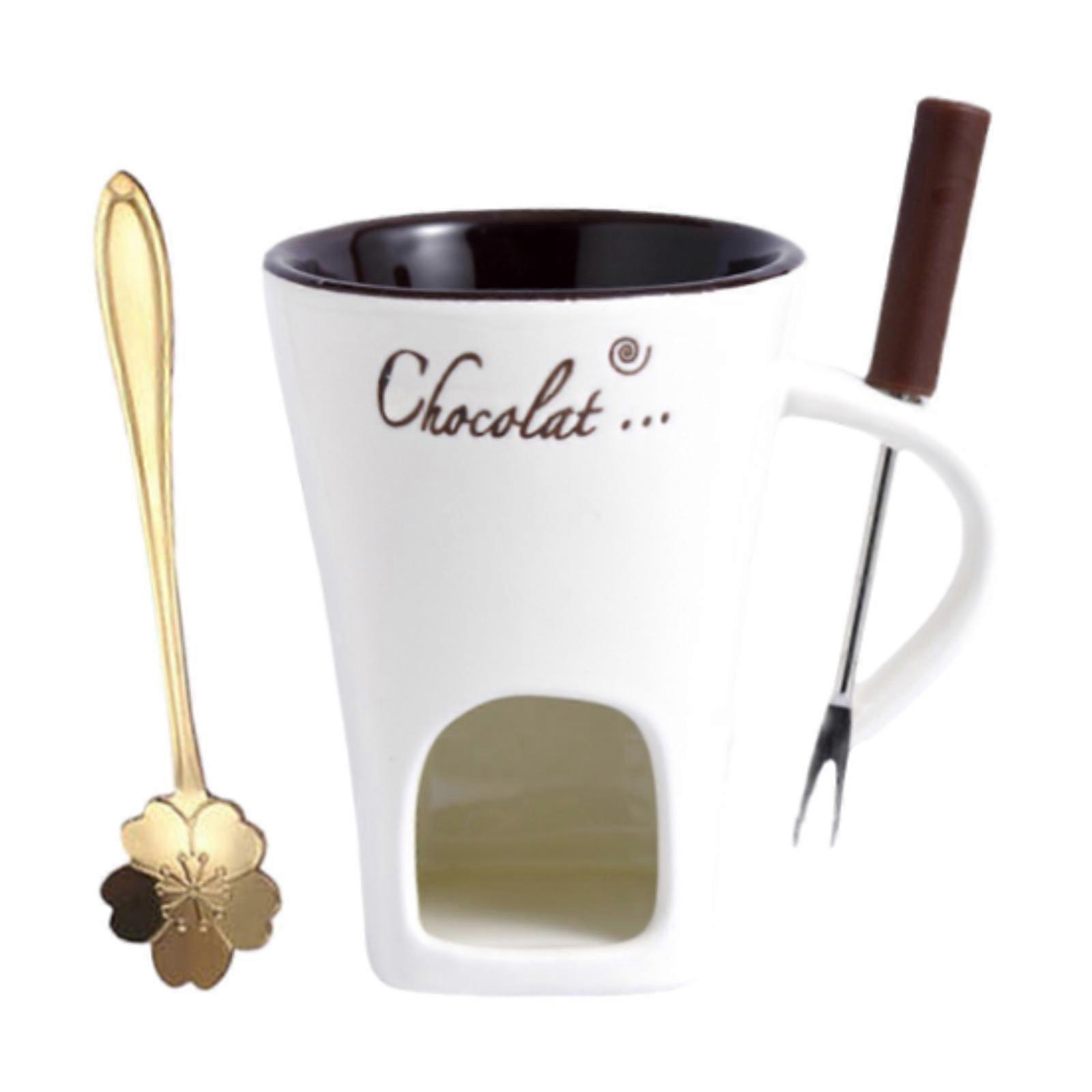 Chocolate Fondue Mug with Fork and Spoon Cheese Melting Broth Butter Heater