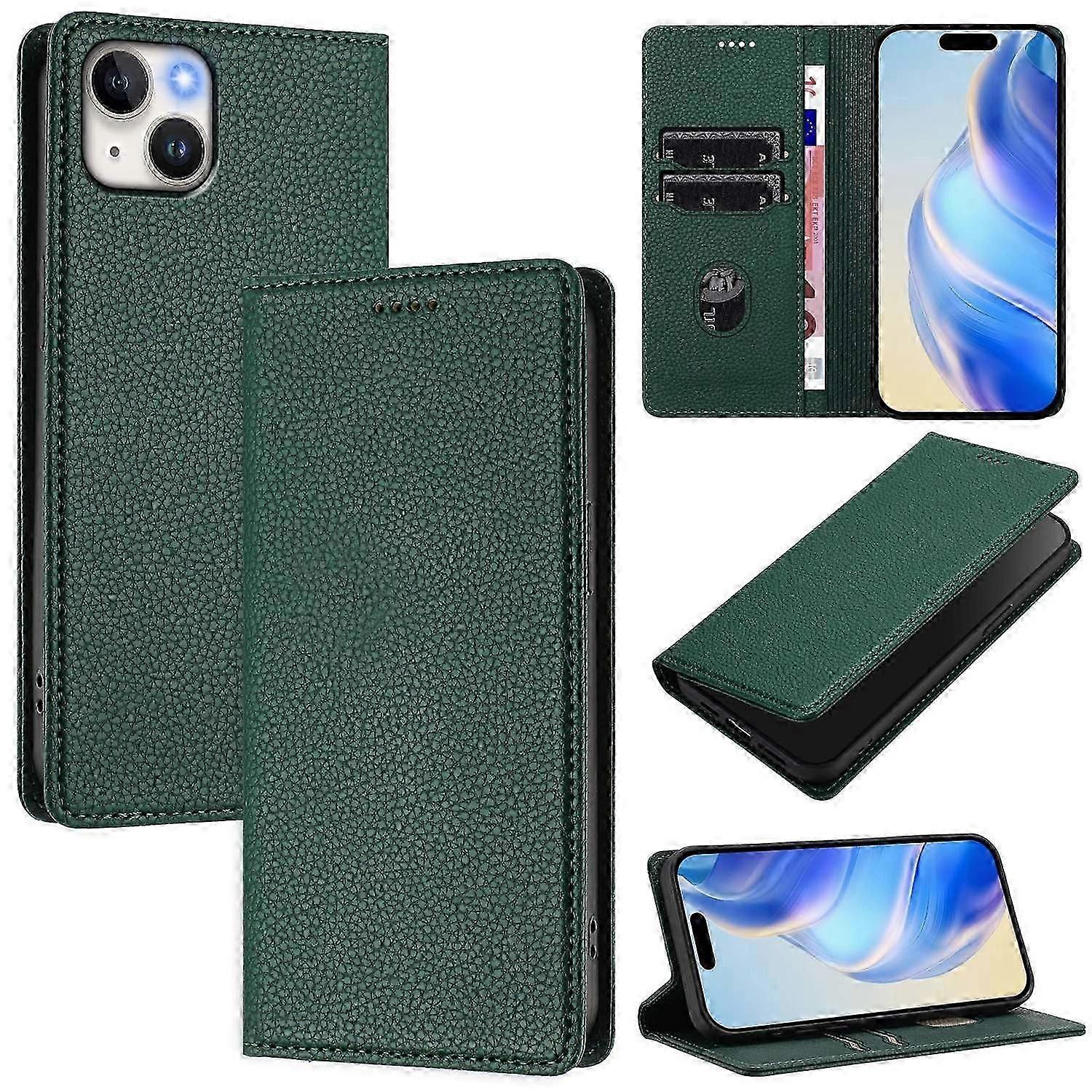 For Iphone 15 Plus Wallet Case Rfid Blocking Litchi Texture Leather Mobile Cover - Orange