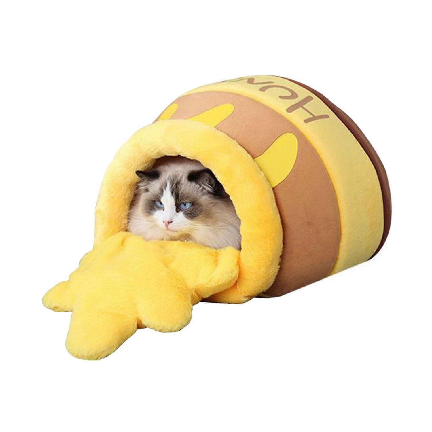 Honey Pot Cat Bed Winter Warm Cat Sleeping Bag Semi-Fixed Cartoon Cat Bed Cave Soft Pet Tent Nest