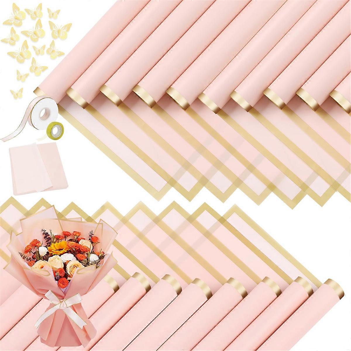 20 Sheets Gold Edge Flower Wrapping Paper for Wedding(Rose Pink)