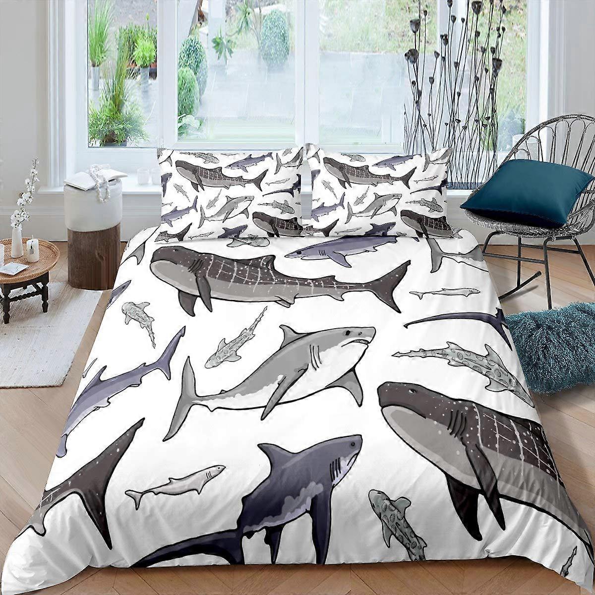 1 Set Bedding Set Gray White Shark for Bedroom Collection Queen Size