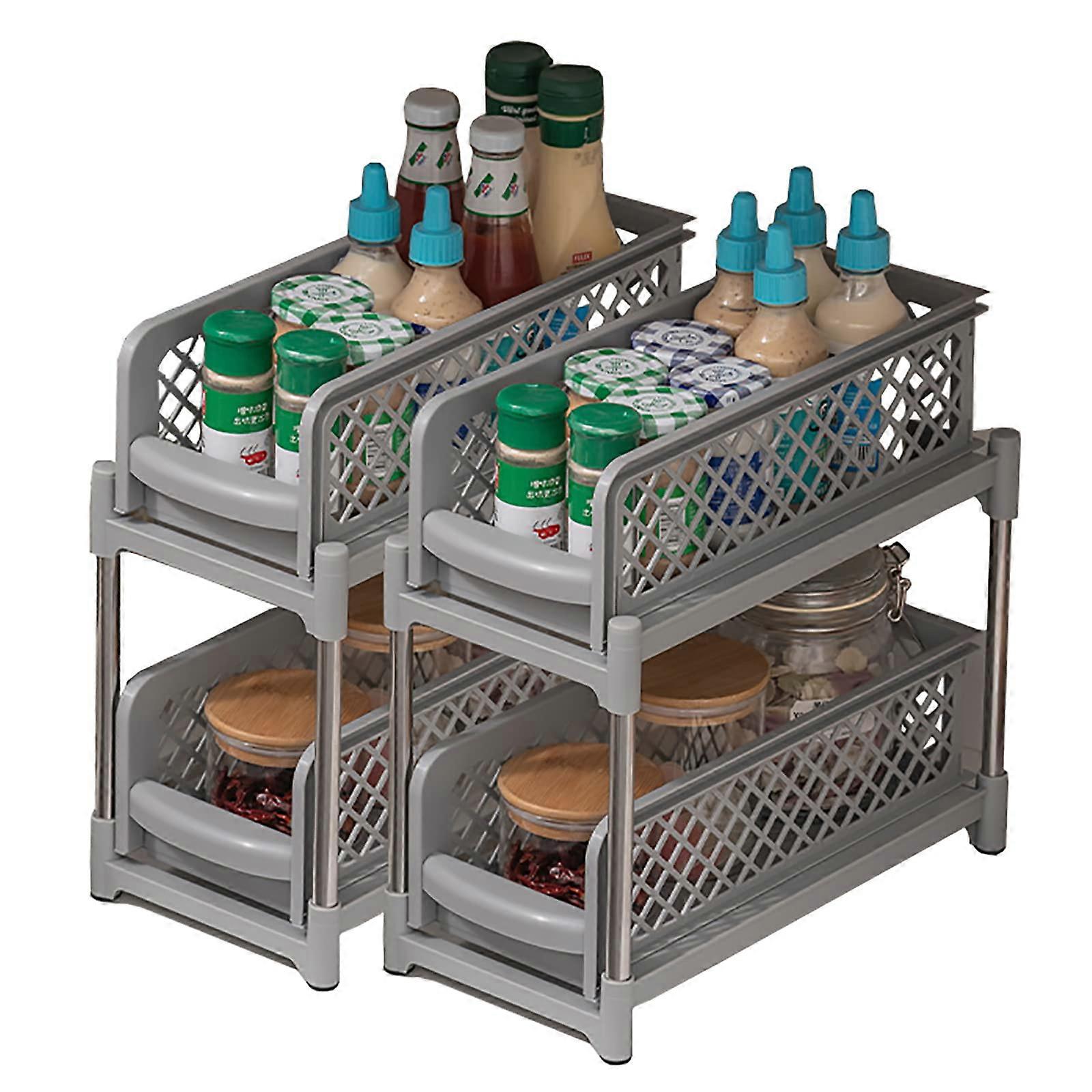2 Pack Under Sink Organizers and Storage, Grey 2 Tier Pull Out Cabinet Organizer with Sliding Drawers for Narrow Spaces in Kitchen and Bathroom