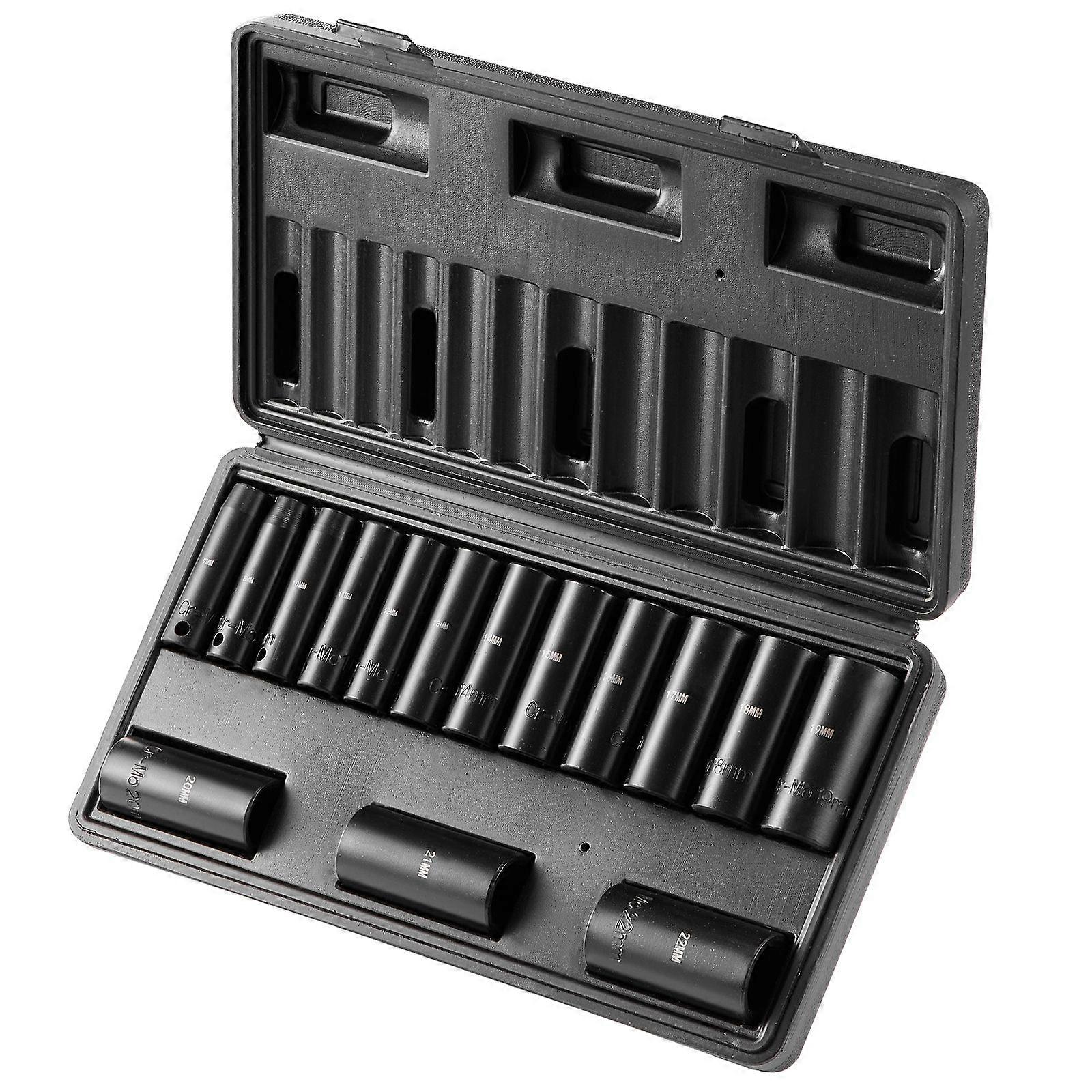 3/8" Drive Impact Socket Set, 15 Piece Deep Socket Set Metric 8-22mm, 6 Point Cr-Mo Alloy Steel for Auto Repair,Includes Storage Case