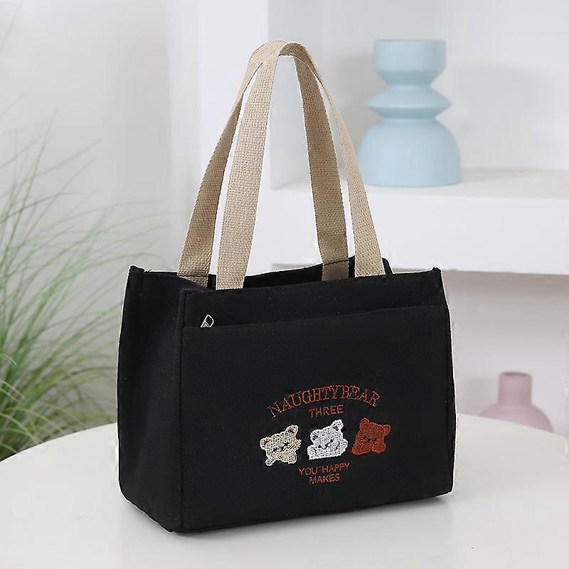 Simple Cute Small Bear Pattern Versatile Handbag Office Worker Lunch Bag Commuter Bento Tote Bag