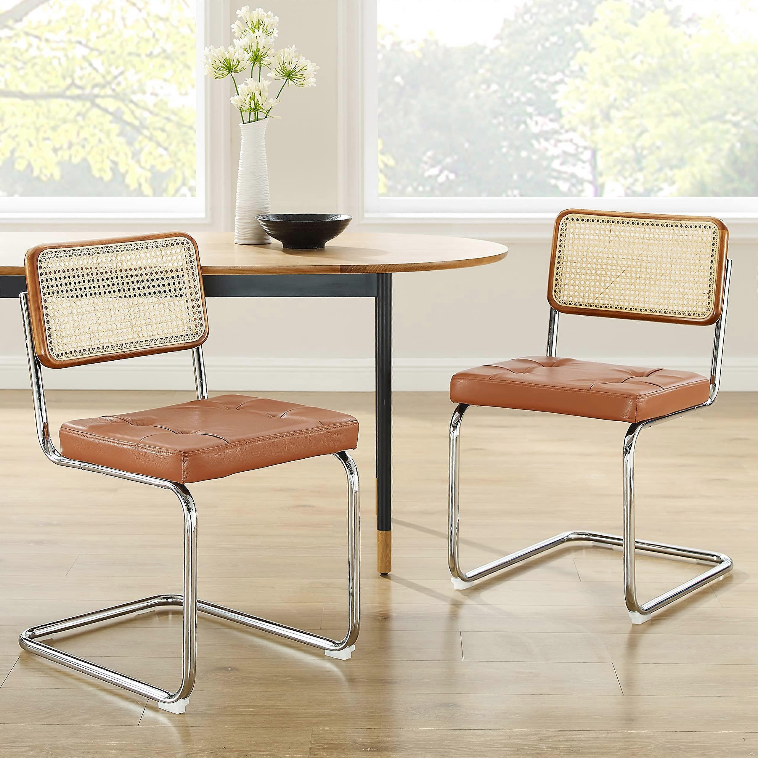 Rattan Dining Chairs Set of 2, Walnut Frame, Oak Mid Century Modern with Woven Backrest