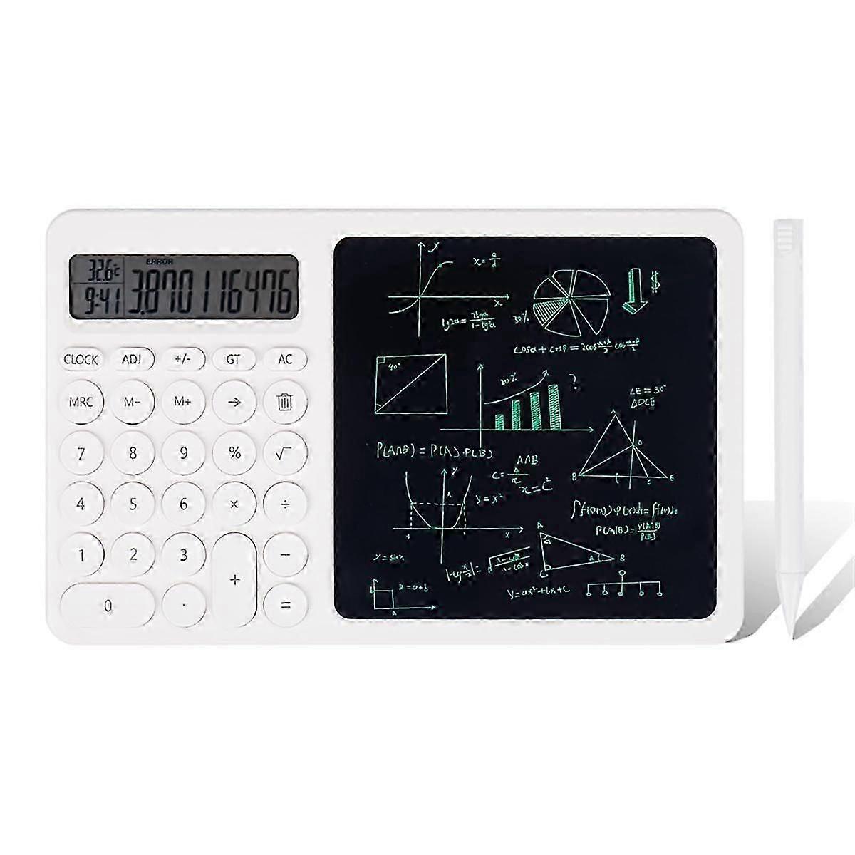 Calculator with LCD Writing Tablet, 2-In-1 Desktop Standing Calculator with Electronic Calendar Tim