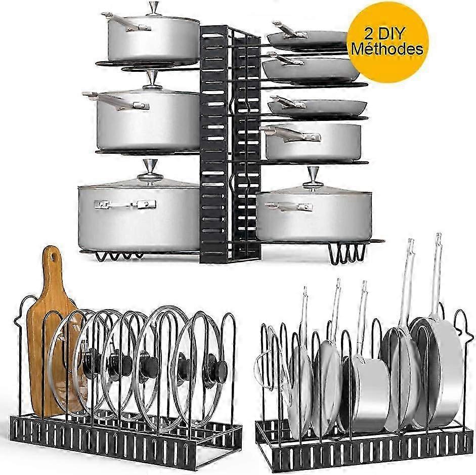 Cabinet or Tabletop Pot Rack Organizer, 3 DIY Methods of Pot Racks, 8+ Pot and Pot Lid Holders, Height and Position Adjustable