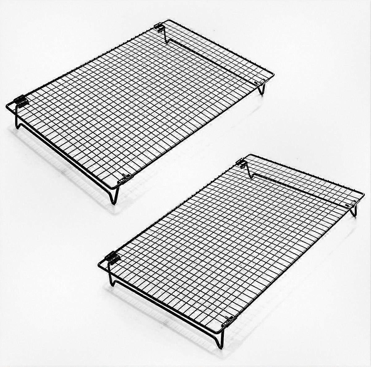 2 Stackable Cooling Racks with Foldable Legs for Cooking, Roasting, Drying, Grilling - 44 x 30 x 5 cm, Black Tray