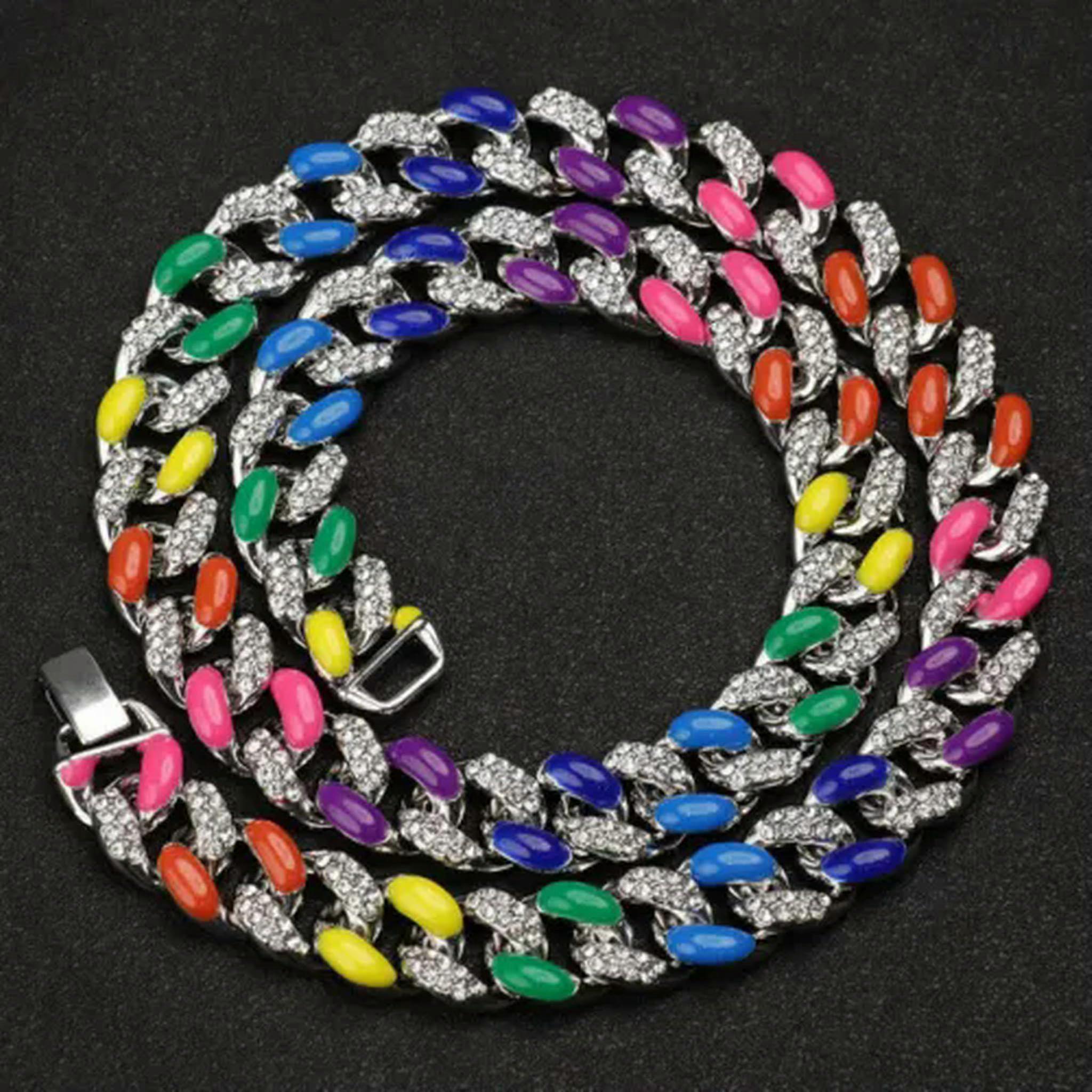 16mm Men's Cuban Link Chain Necklace with Rainbow Rhinestones - Hip Hop Style Bracelet for Rap Fans