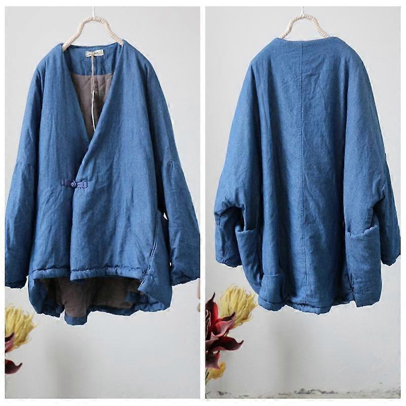 Johnature Women Vintage Winter Parkas Solid Color V-Neck Long Sleeve Warm Chinese Style Linen Single Button Parkas Coat