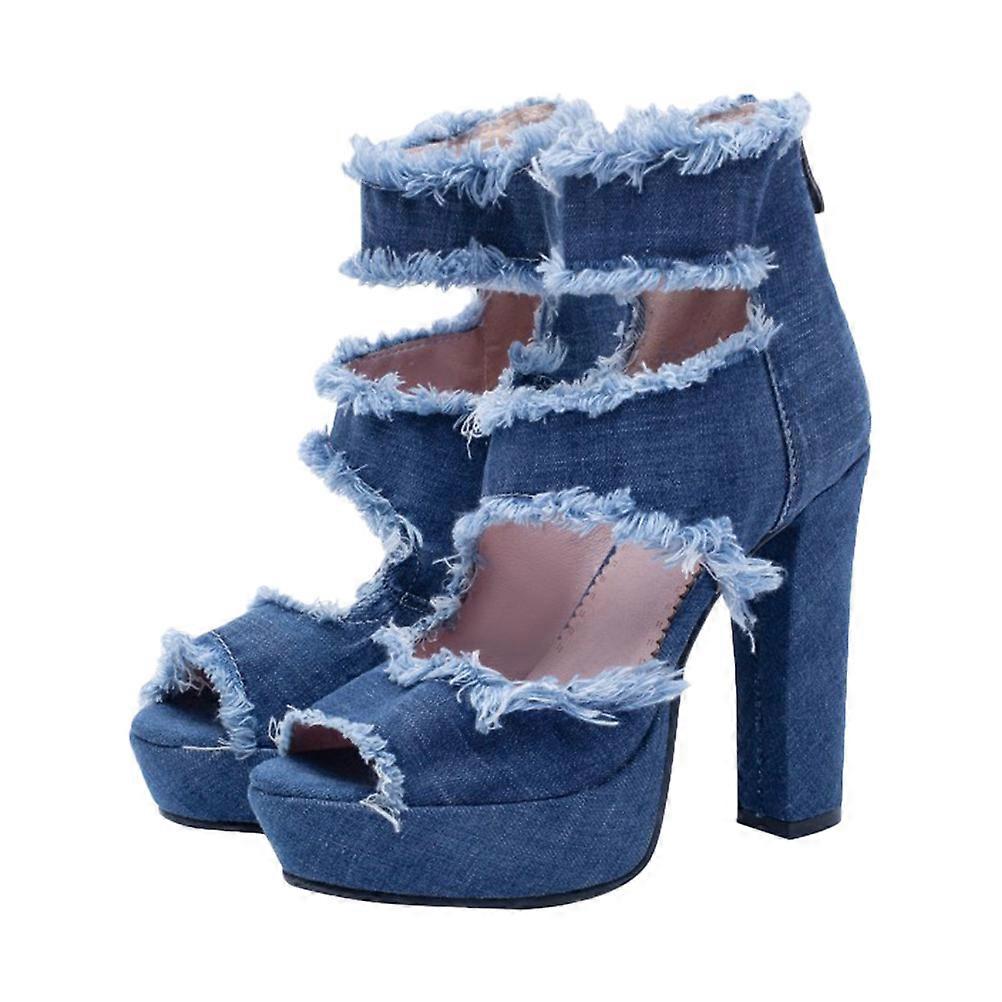 Women Heeled Sandals Open Toe High Heels Blue Denim Comfortable