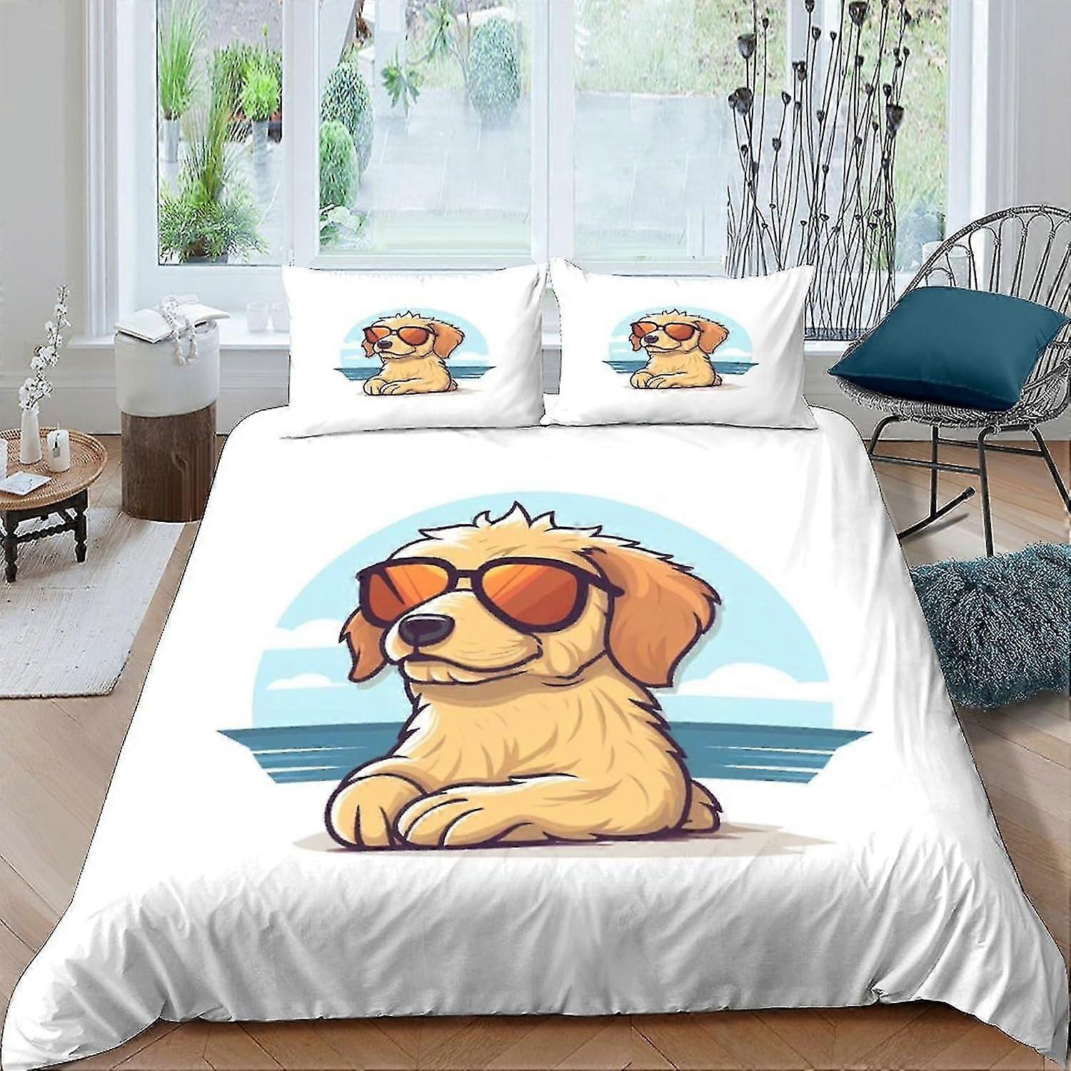 Cool Dog Duvet Cover Set with 3D Printed Cartoon Characters - 3 Piece Soft Microfiber Bedding Set with Pillowcase for Double Beds