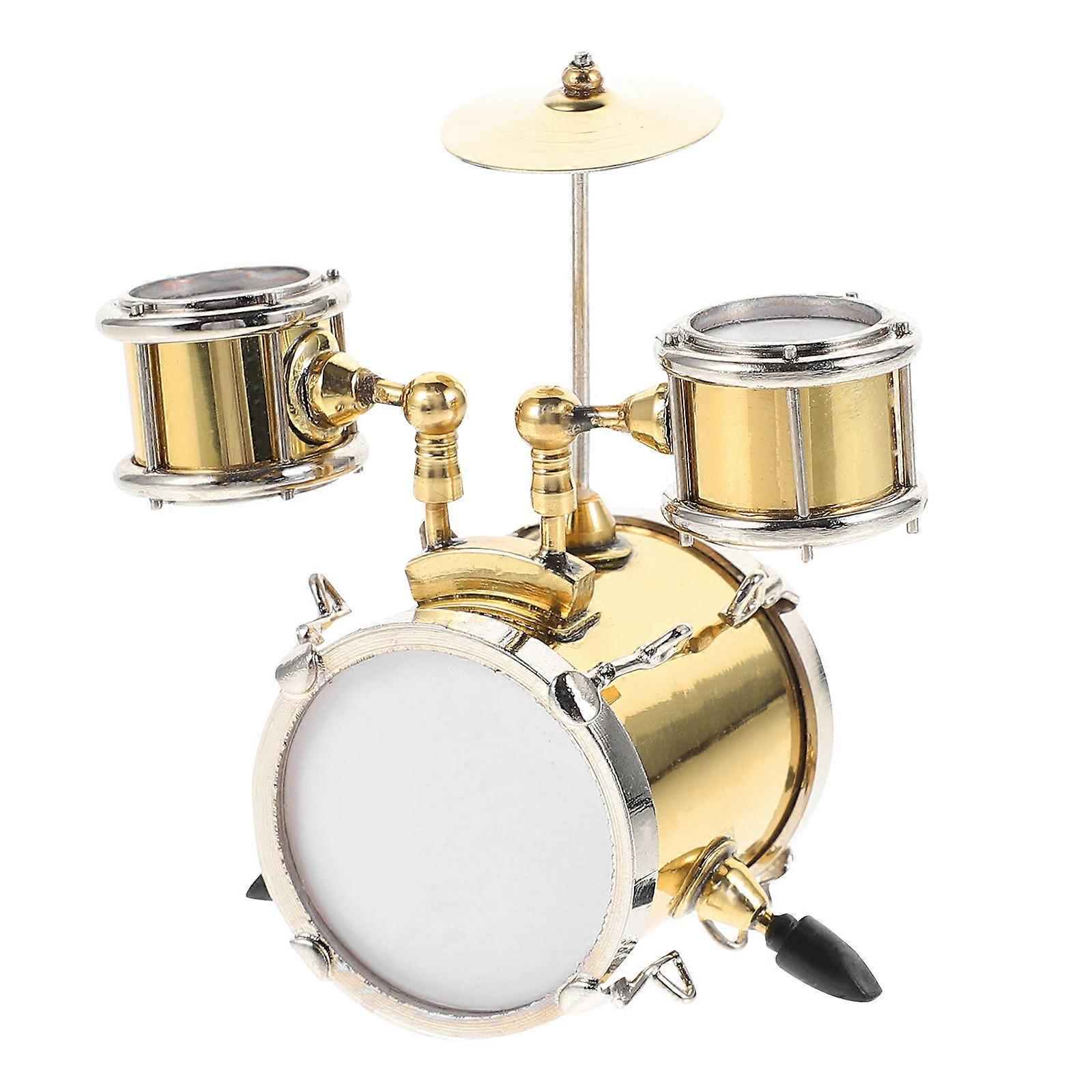 Mini Jazz Drum Model Gold Miniature Instrument Ornament for Dollhouse, Home & Desk Decor – Fine Craftsmanship Music Lover Gift – Chic Home Accent