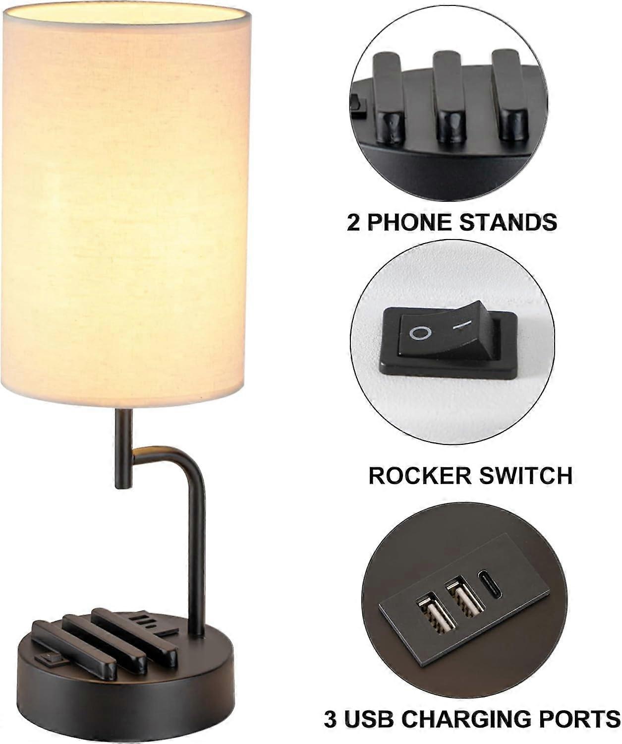 Table Lamp Bedside Table Lamp With 3 Usb Charging Ports, Modern Desk Lamp With Phone Stands, Lamp Fo