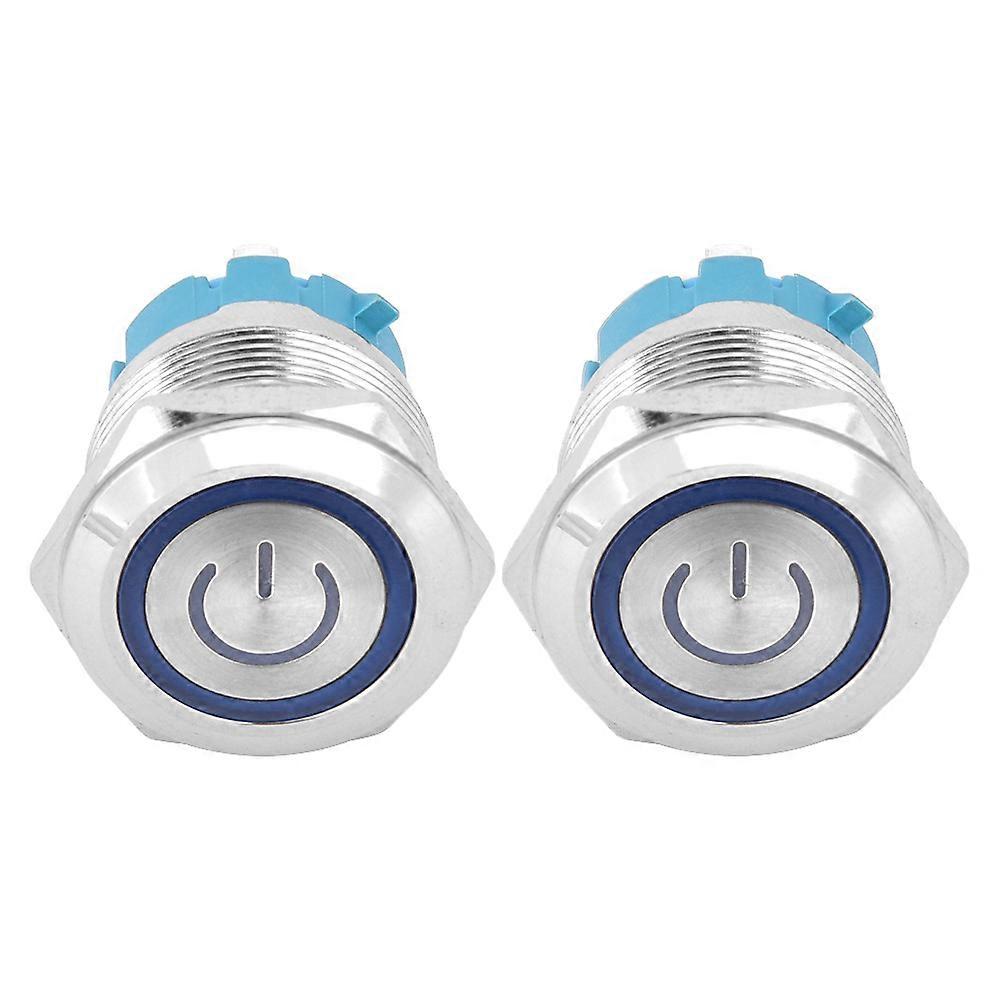 2 Pcs Button Switch Flat Head Self Reset IP65 220VAC 22mm 4 Pin Switch with Light(Blue )