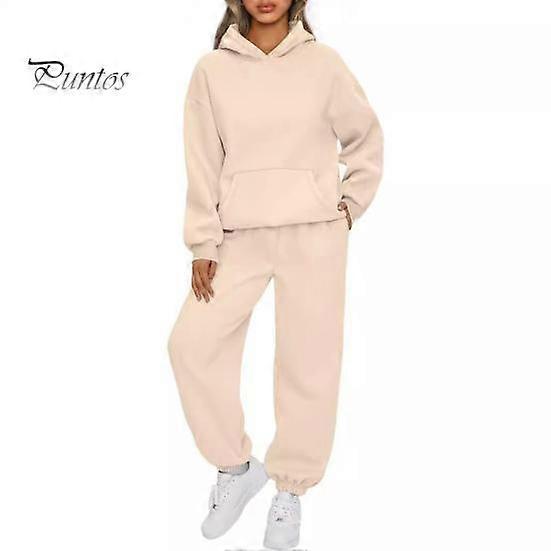 2 Pcs/Set Women Sport Top Pants Set Hooded Long Sleeve Pure Color Hoodie Stretchy Waist Loose Ankle-banded Trousers Casual Fitness Tracksuit Daily