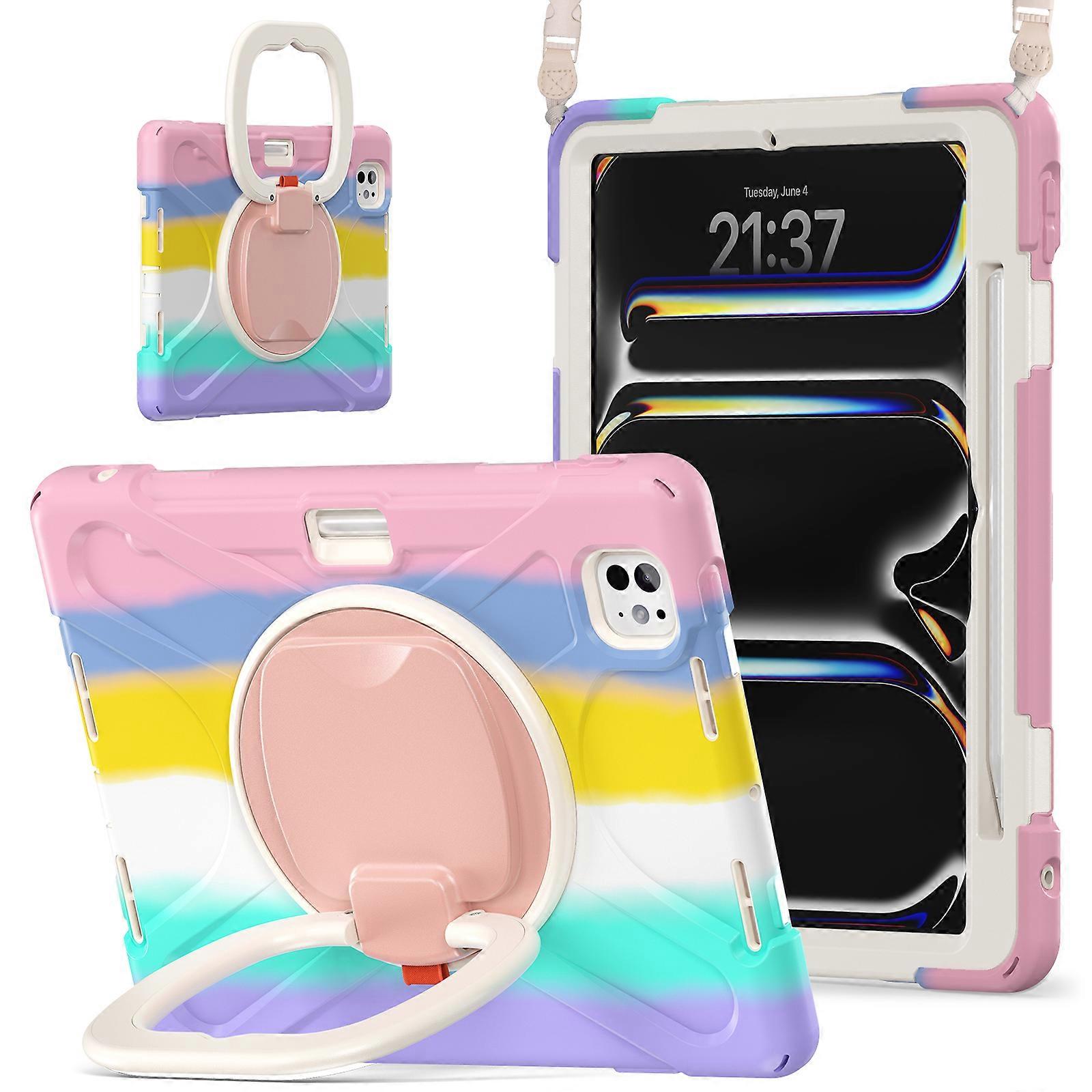 TKdaddy For iPad Pro 11 (2024) Case Kickstand TPU+PC+Silicone Tablet Cover with Shoulder Strap Colorful Pink