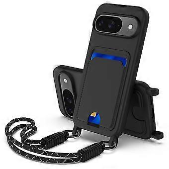 TKdaddy Voor Google Pixel 9 Vloeibare Siliconen Hoes Telefoon Achterkant met Kaarthouder en Korte Band Zwart