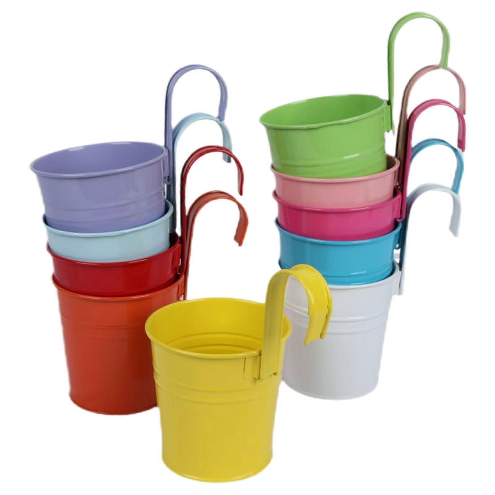 Flower pots for balcony railings, set of 10 Metal planters with hooks and drainage holes for garden, balcony, terrace, outdoor areas.