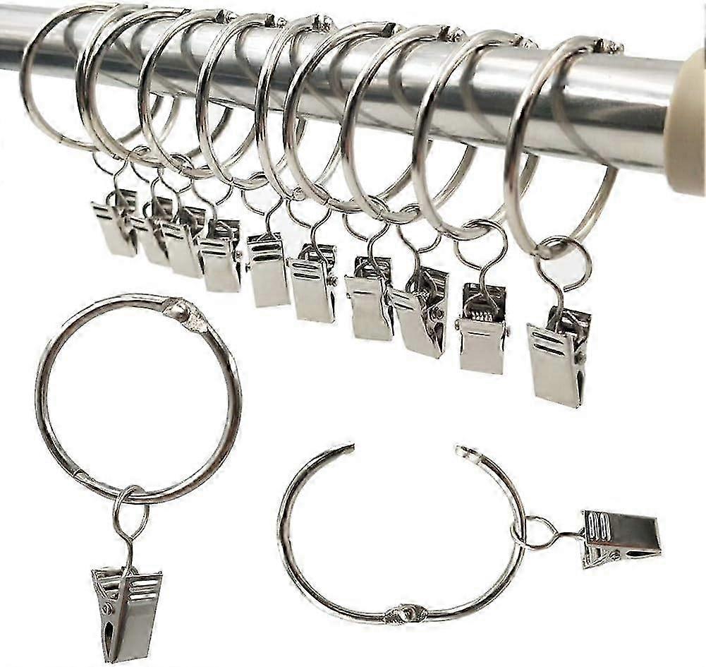 Curtain Rings,40 Pieces Curtain Ring with Clips,Decorative Metal Drape Clip Hooks Set 40mm Inner Diameter Silver,Rustproof,Easy Open Clip Rings