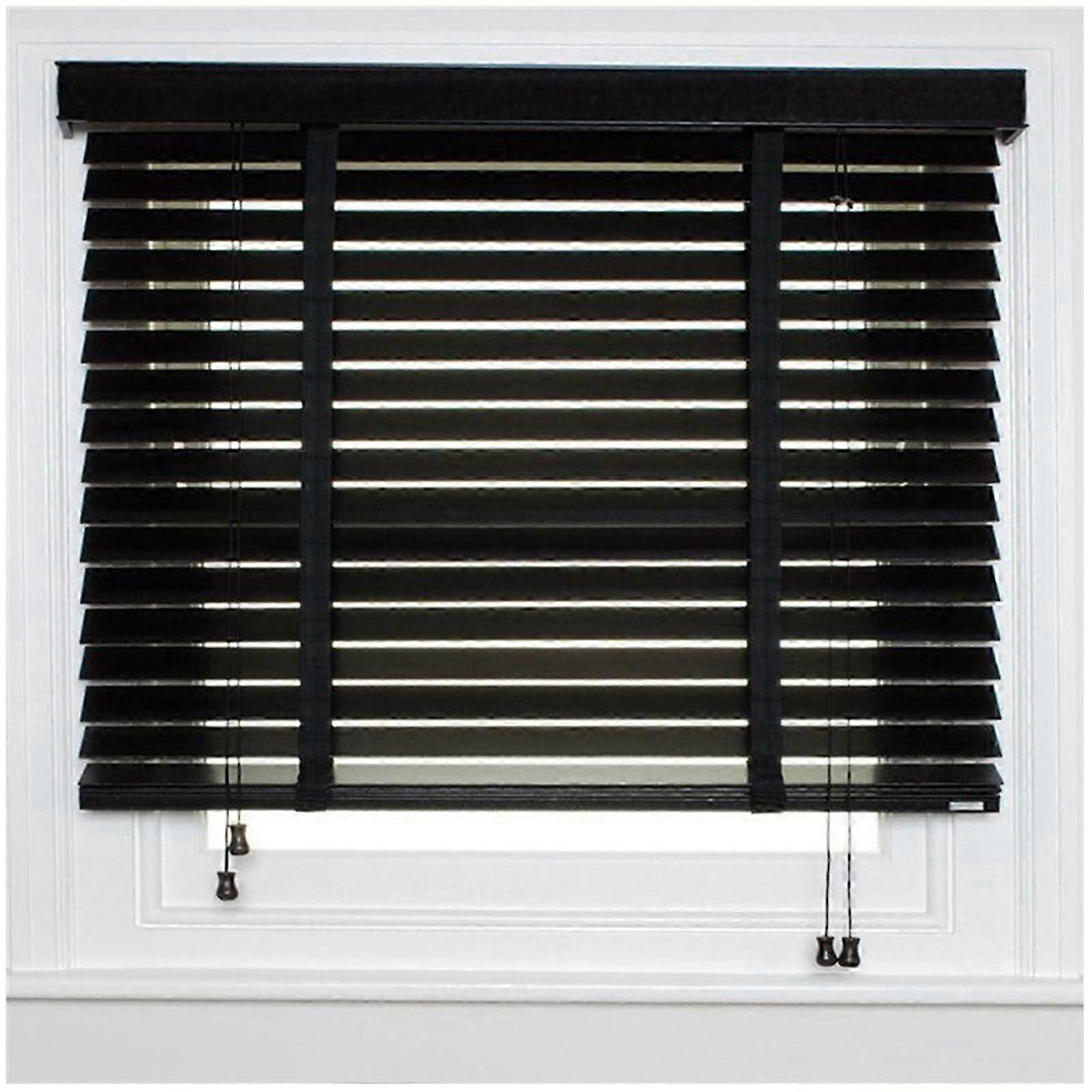 Windows Blinds 2' Slats Indoor Wood Blinds Cordless Wooden Window Shades for Bedroom Bathroom Living Room, Blackout Privacy Horizontal Blind (Black)