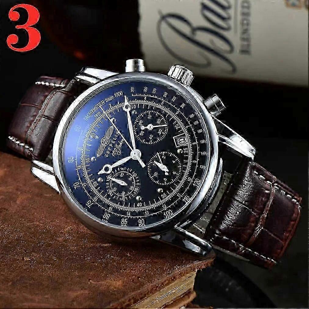 Men's Quartz Watch with Three-Eye Multi-Function Chronograph and Water-Resistant Leather Strap