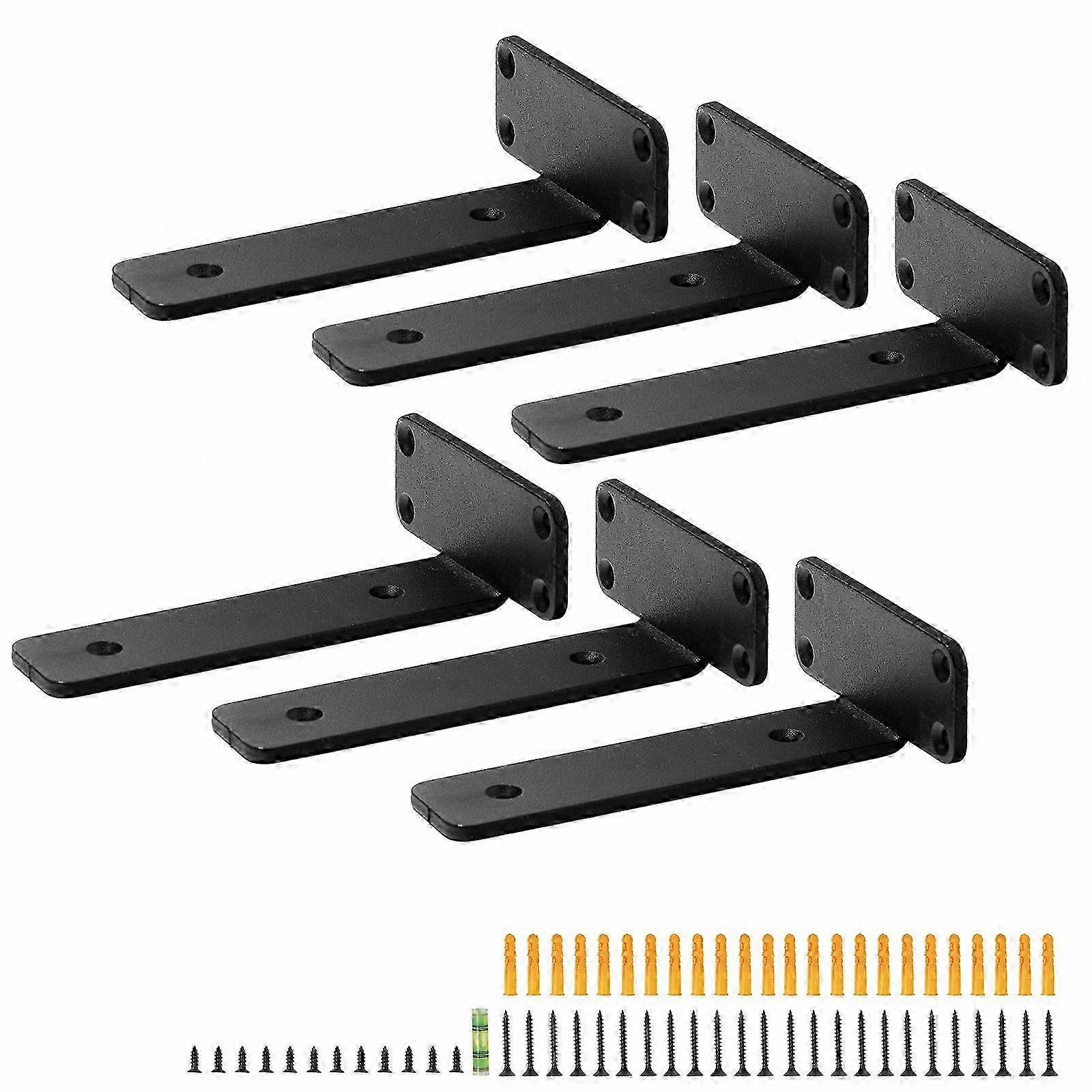 Matte Black Heavy Duty Shelf Brackets, 6 Pack L-Shaped Brackets for Floating Shelves, 6L x 4W x 1.6H, 5mm Thickness