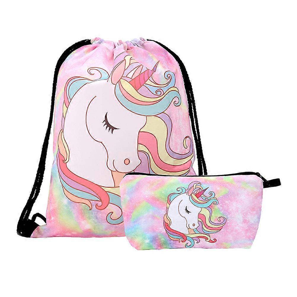 Pink Unicorn Drawstring Backpack for Travel 4Pcs Cosmetic Case Make Up Set