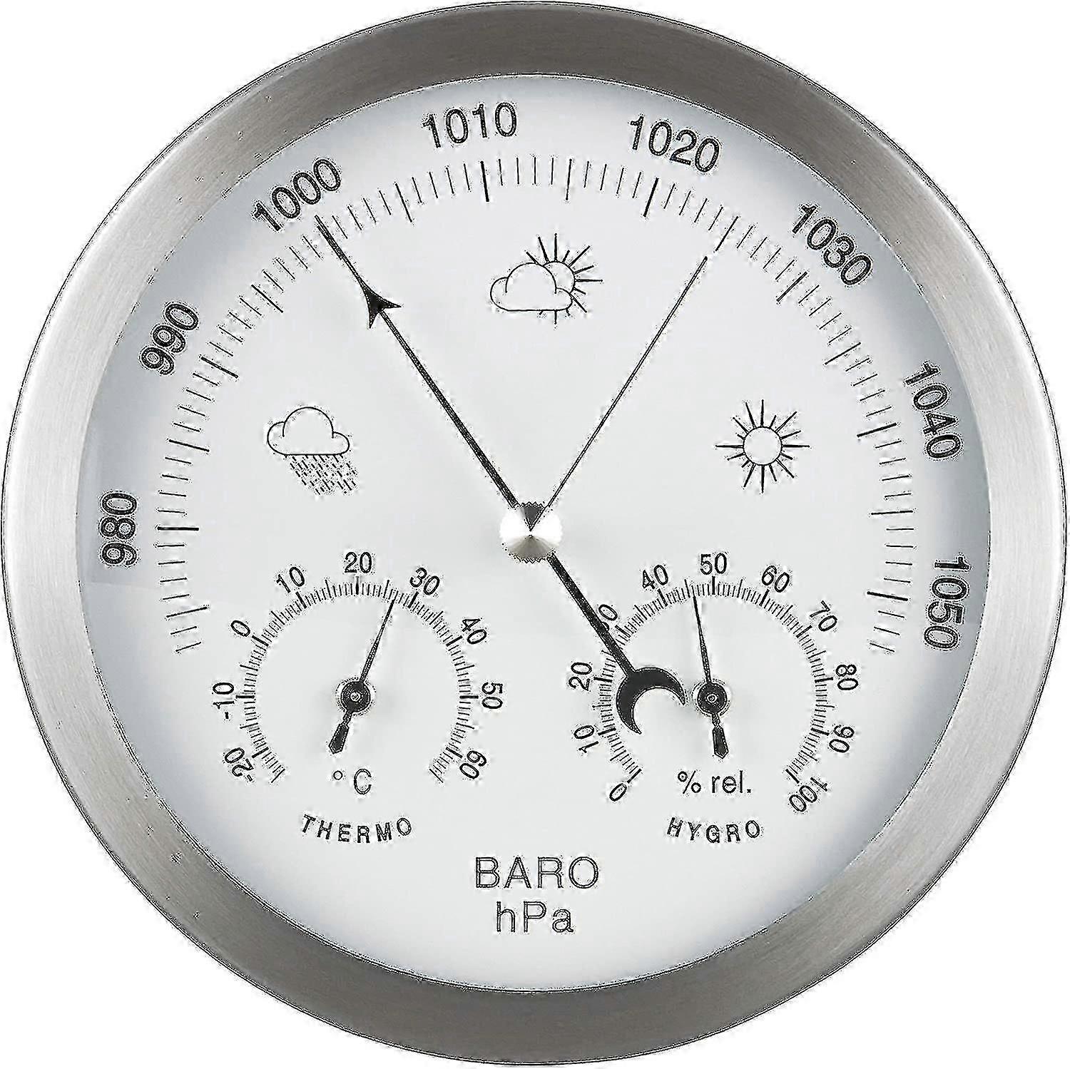 Barometer værstasjon 3-i-1 rustfritt stålramme 14 cm termometer