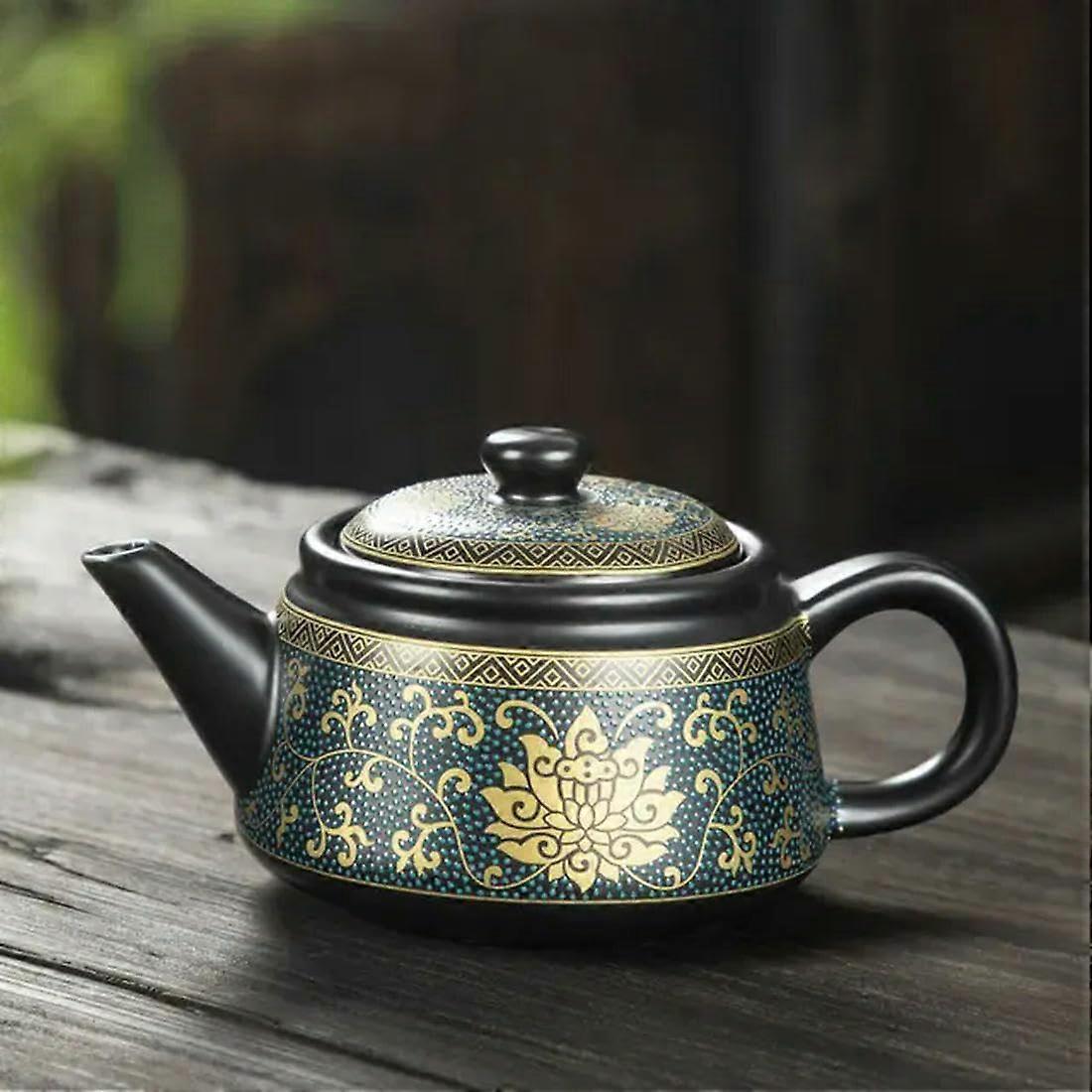 Ceramic Teapot 250ml Handmade, Black Teapot With Gold Inscriptions, Retro Kung Fu Tea Pot Set, Teaware