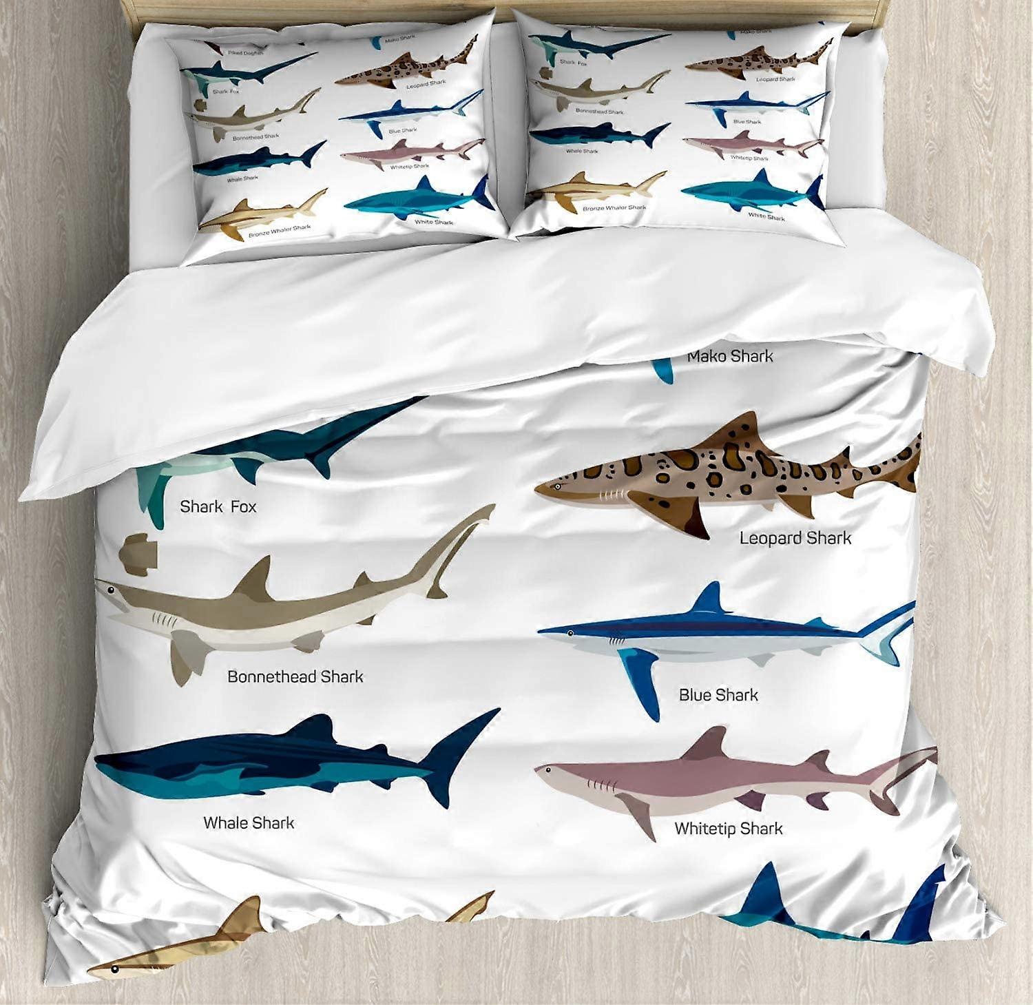 Shark Duvet Cover Set, Compatible with Shark Lovers, 3-Piece Blue/Tan Bedding with 2 Pillowcases, Nautical Maritime Design
