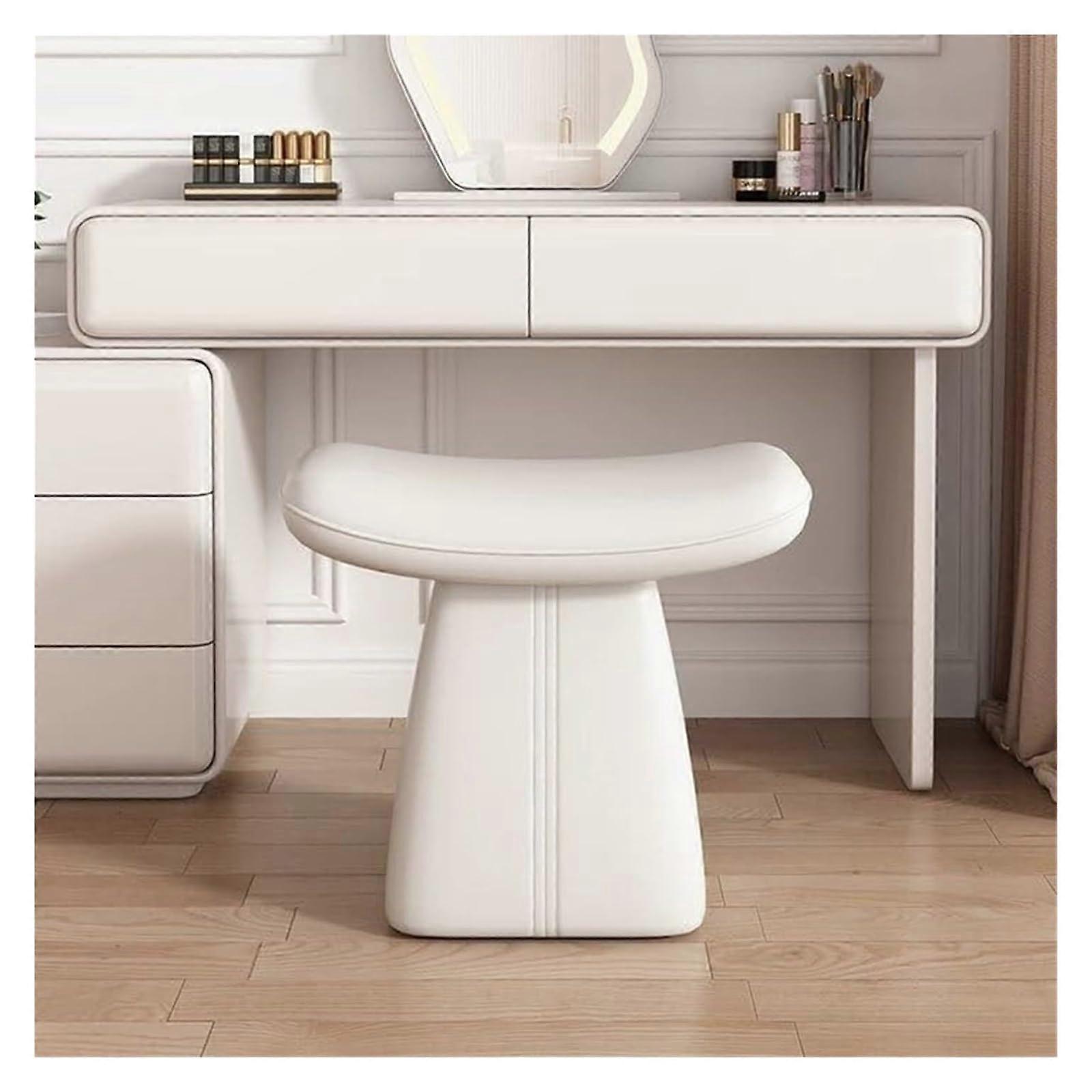 Makeup Dressing Table Stool with Modern Leather Seat, Solid Wood Frame, White Upholstered Ottoman for Bedroom