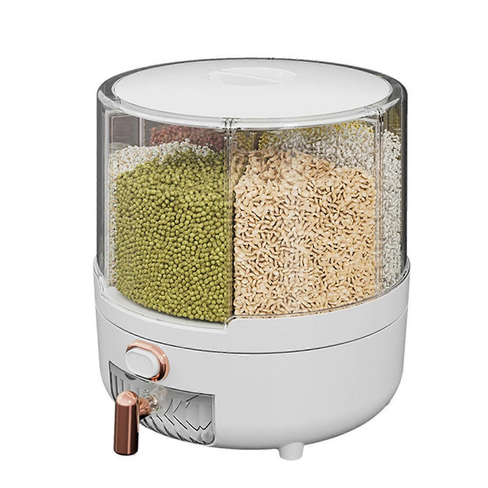 Rice Container 360Degree Rotating Grid, Transparent 6Compartment Cereal Dispenser With Removable Lid