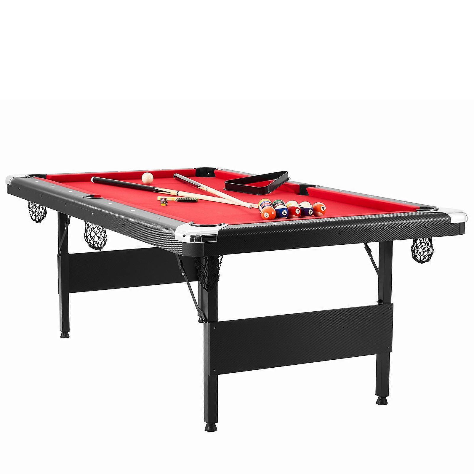 Billiards Table, 7 ft Pool Table, Portable Foldable Space-Saving Table,  Cues, Chalks and Brush, Black with Red Cloth