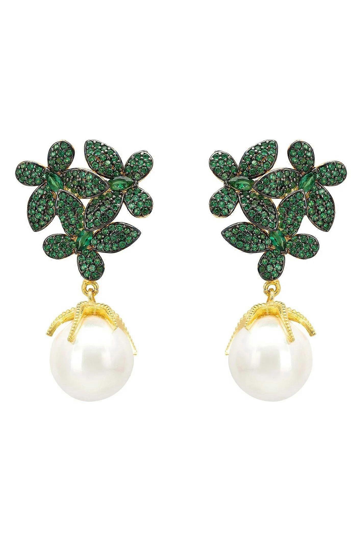 Latelita Women's Gold-Plated Sterling Silver Flowers Earrings with Emerald Green Cubic Zirconia and Pearl - 3.5 cm long