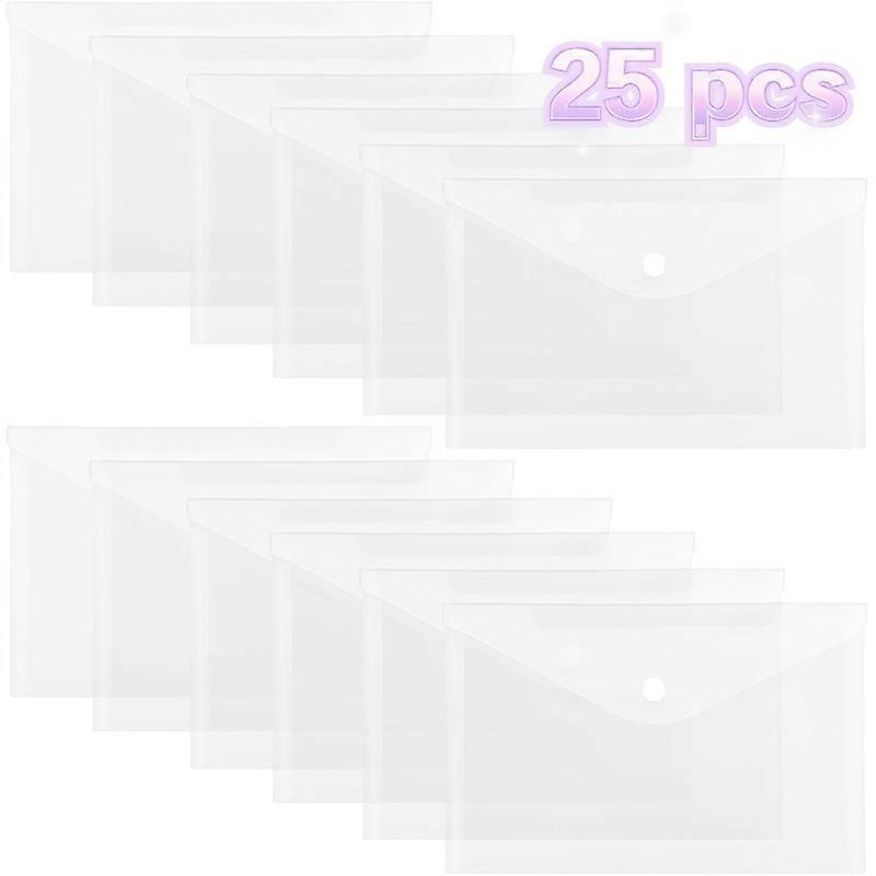25-Pack A5 Size Clear Polypropylene (PP) Snap Closure Envelopes, Waterproof Transparent Classic for Office Documents, Receipts