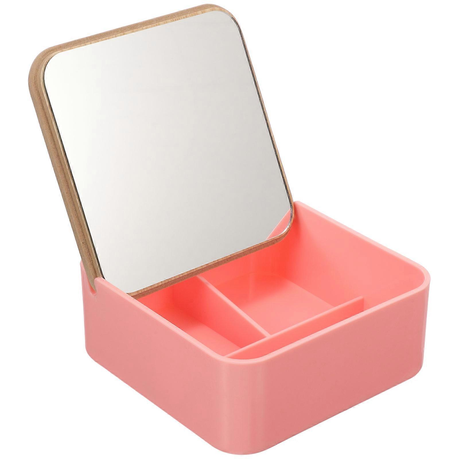 Clamshell Bamboo Makeup Mirror Storage Box for Desktop Makeup Use Pink