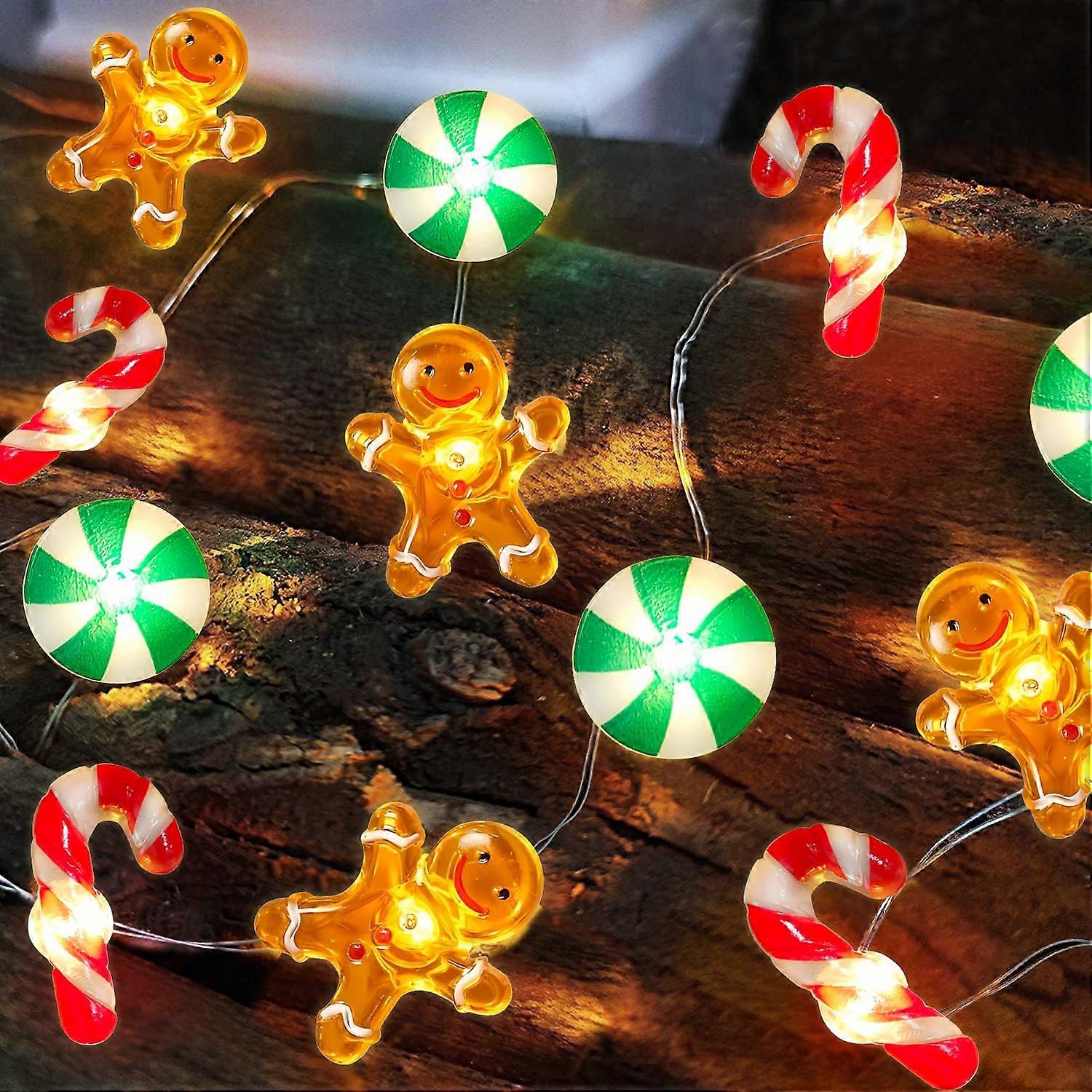 Christmas String Lights 10FT 30 LED Gingerbread Man Candy Cane, Battery Operated with Timer Function