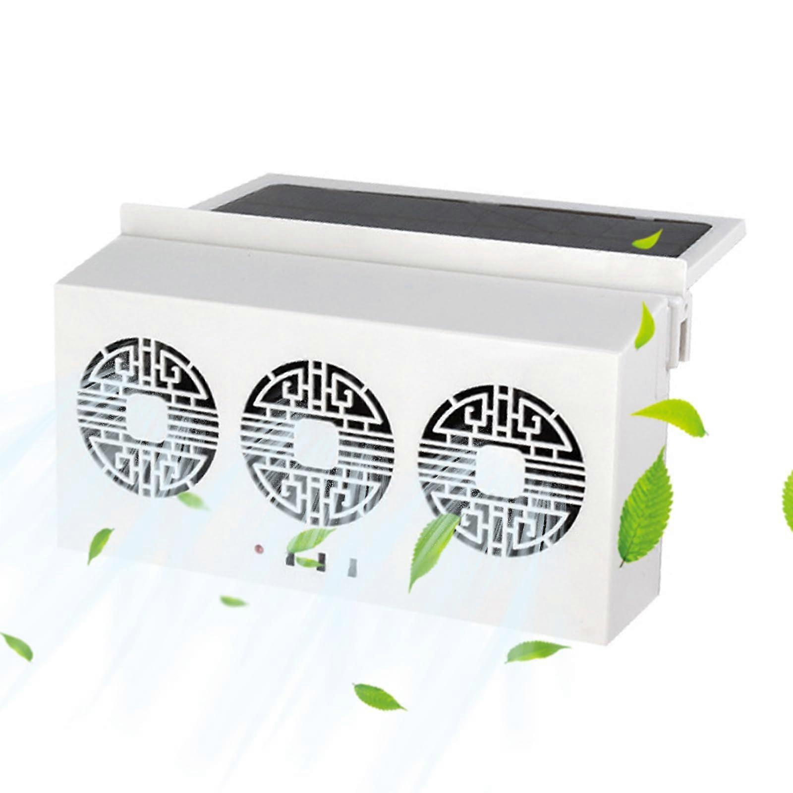 Solar Powered Car Window Fan with Triple Head Airflow for Wide Angle Ventilation White Type A