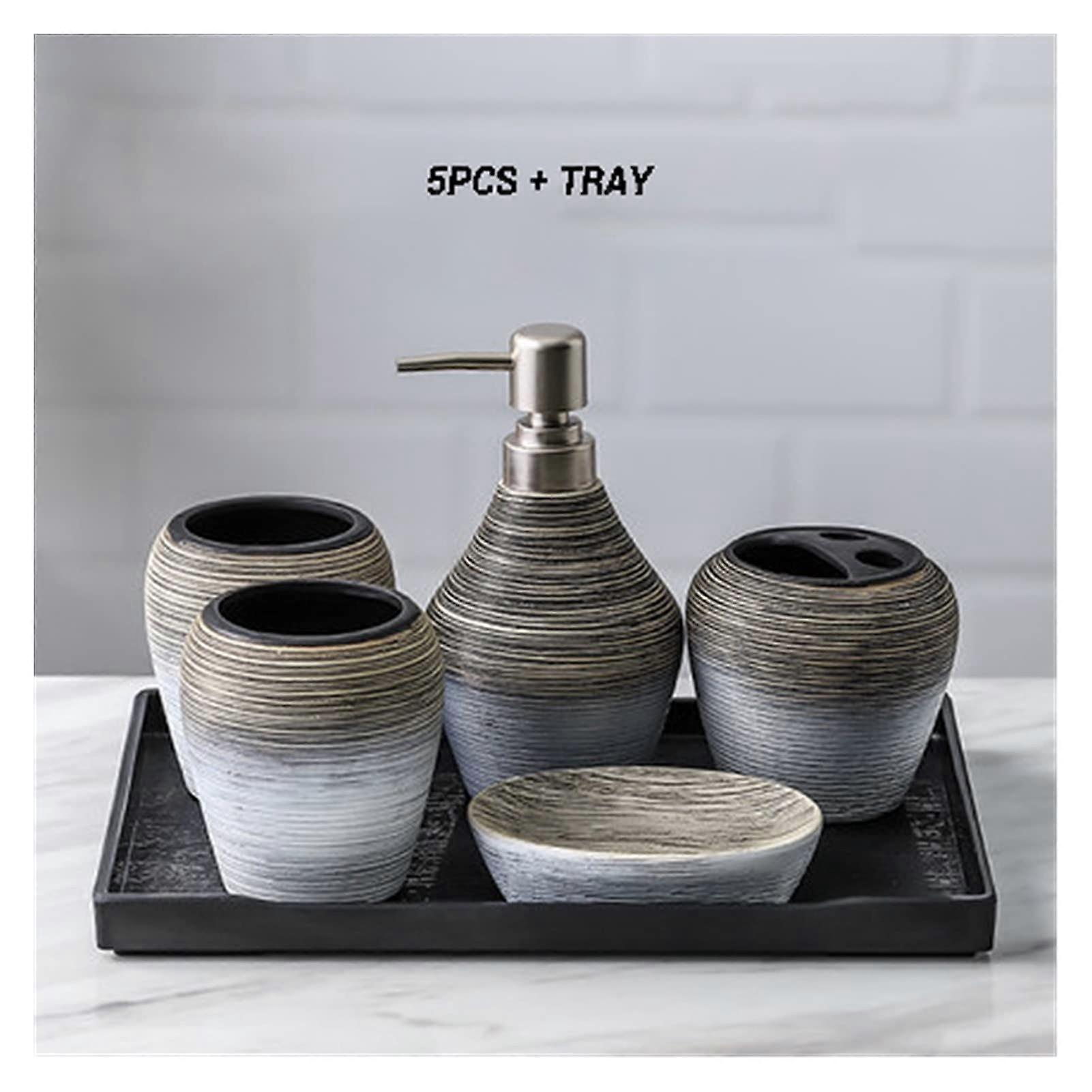 Ceramic Soap Dispenser Set,  Striped Design, MultiColor, 5 or 6 Piece Bathroom and Kitchen