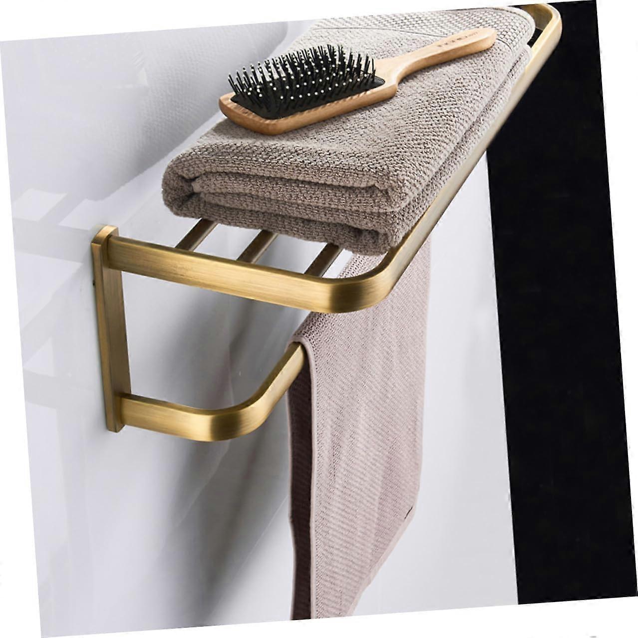 Vintage Brass Wall Mounted Towel Rack with Shelf for Efficient Drying and Rustic Bathroom Storage