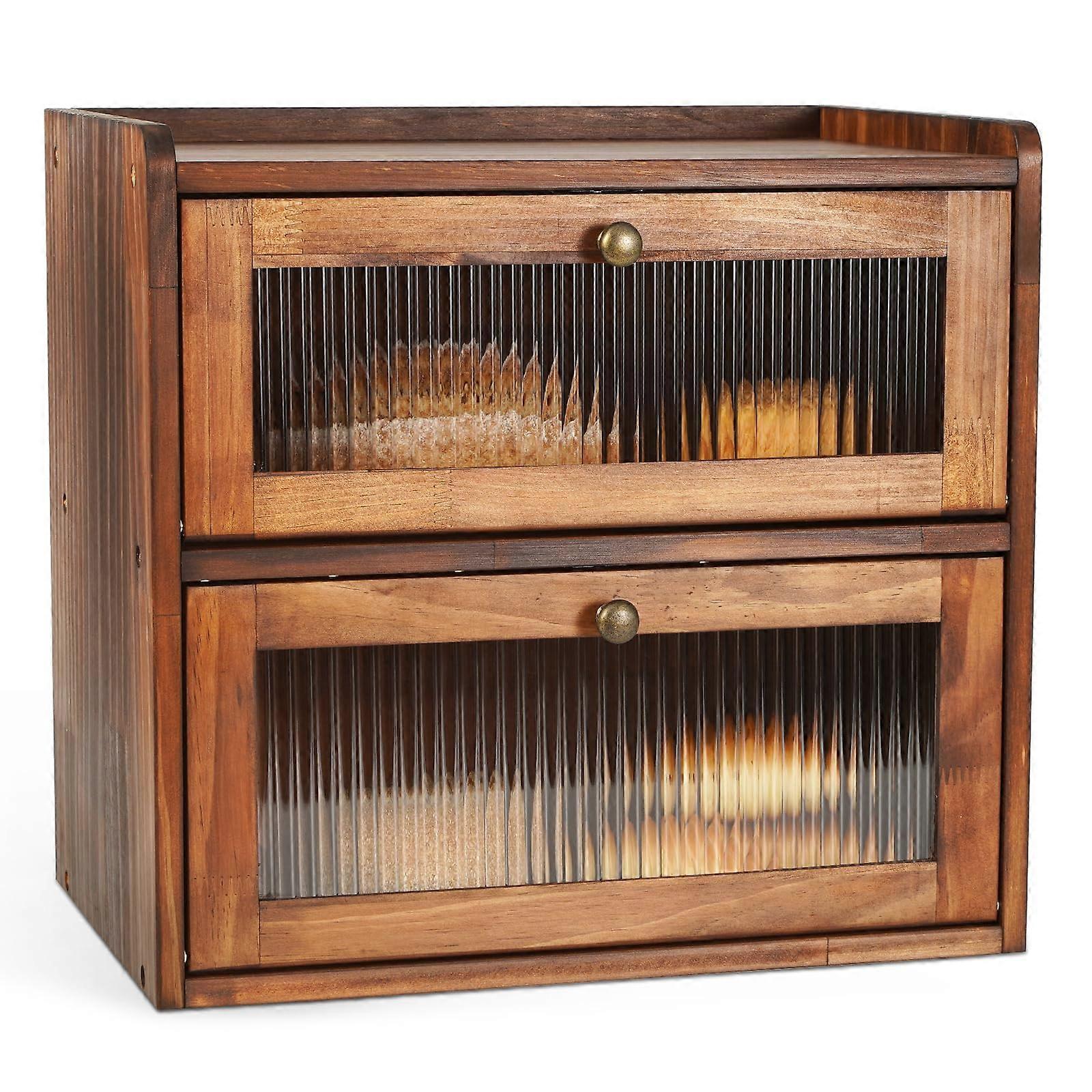 Large Capacity Wooden Bread Box for Kitchen Counter, Farmhouse Double Layer Bread Bin with Window