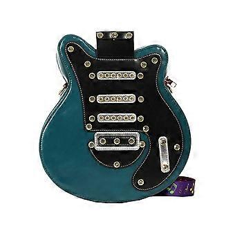 Mochila em couro PU em formato de guitarra com alças ajustáveis, rebites de strass e vários bolsos – ideal para uso diário, viagens e para presentear.