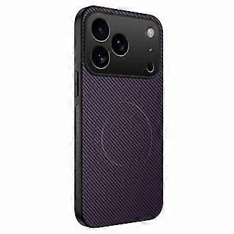 Funda magnética de cuero con fibra de carbono para iPhone 17 Pro Max – Compatible con carga inalámbrica, antihuellas, con protección elevada para la cámara, color morado.