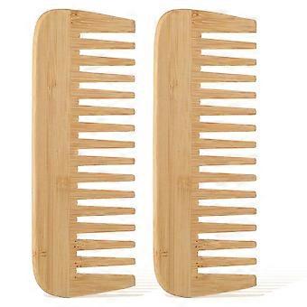 Conjunto de 2 pentes de bambu com dentes largos para desembaraçar cabelos, sem cabo, escova desembaraçadora de madeira com dentes largos, antiestática e polida à mão, ideal para cabelos cacheados e lisos.