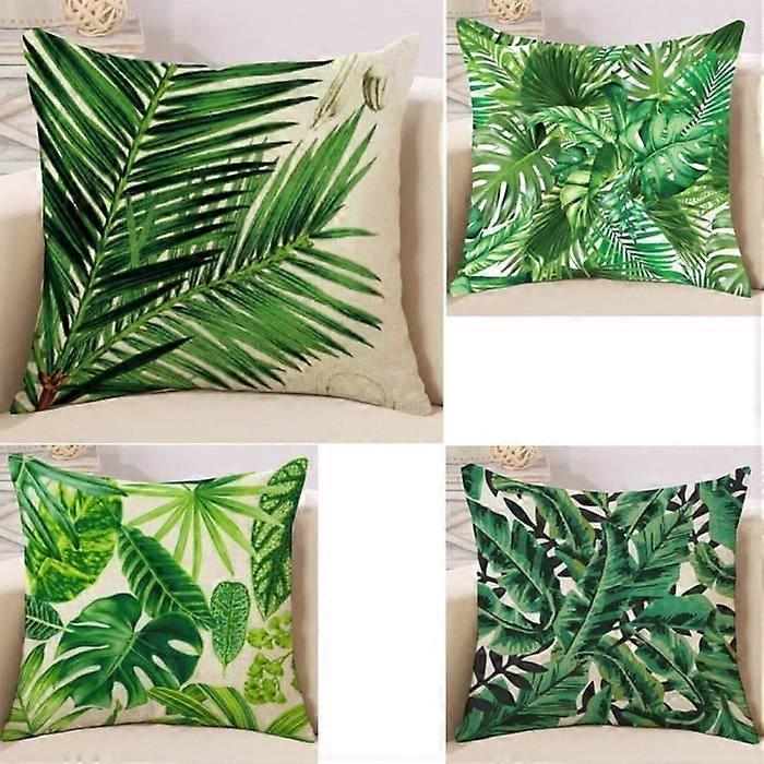 Tropical Plants Linen Pattern Cushion Cover - 4 PCS - Green - Rectangular - Classic - Timeless