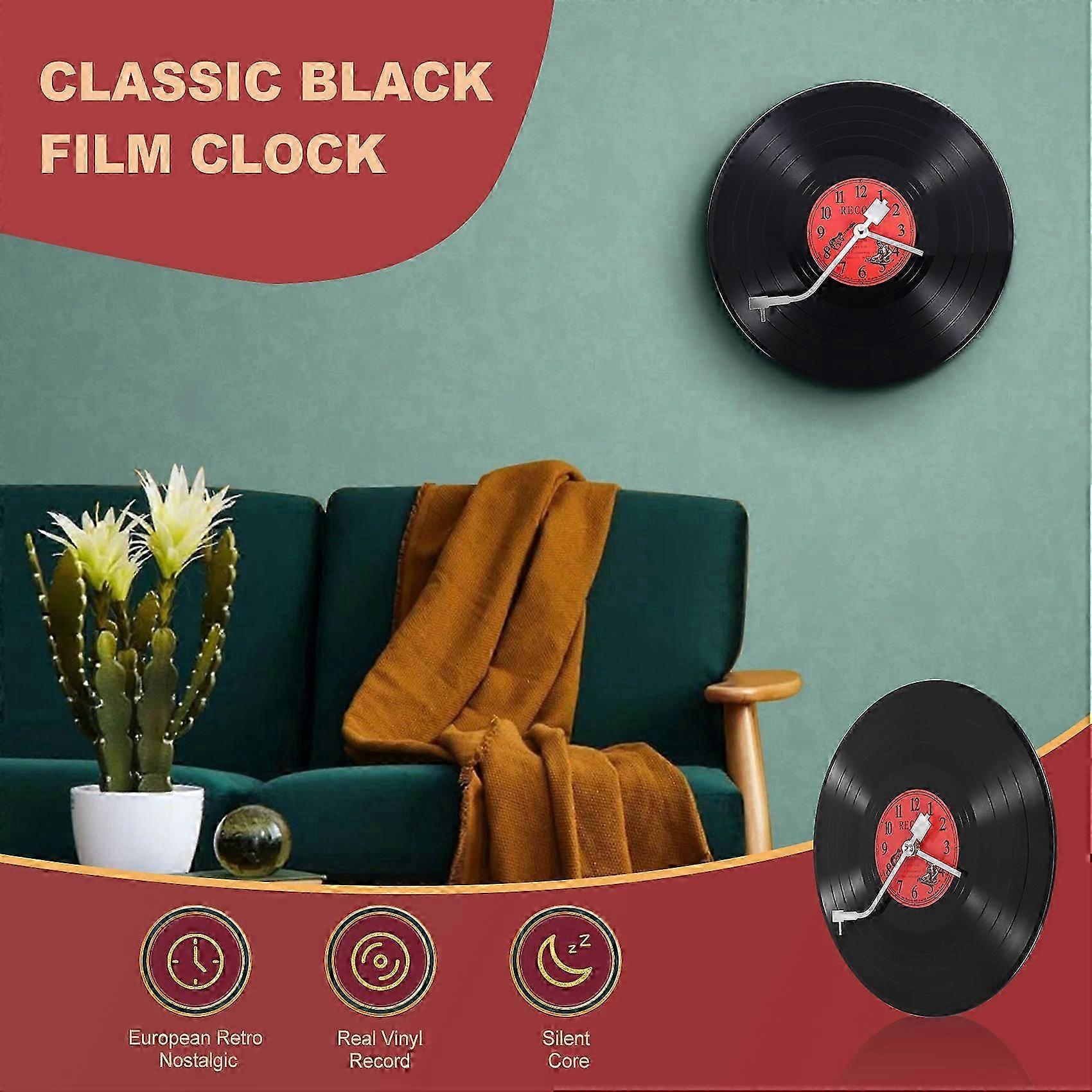 Silent Vinyl Record Wall Clock, 12-Inch Retro Design with Red Numerals, Quiet Non-Ticking for Cafe, Bedroom, Office