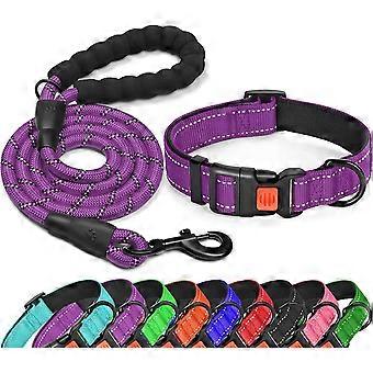 Reflective Nylon Dog Collar - Soft Neoprene Padded, Reflective & Adjustable - For Small to Medium Dogs (Collar + Leash M Neck 15"-18", Purple) Collar 