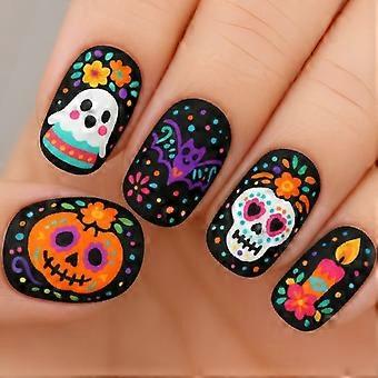 Costume Styling Press On Manicure for Halloween, 24 Piece Assorted Size Set with Pumpkin Bat Skull Accent Art for Party Wear Use Set Multicolor